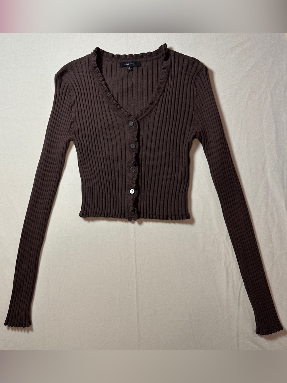 Fall Aesthetic Love Tree Brown Ribbed V-Neck Ruffle-Edge Button Cardigan Chic L